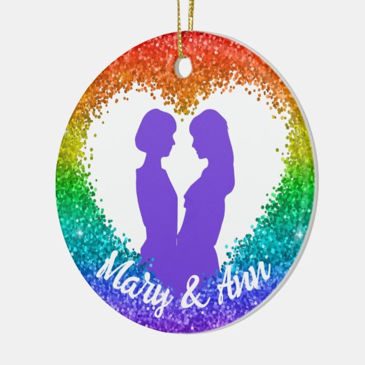 レインボーグリッターハートLGBTレズビアンクリスマスネーム セラミックオーナメント (左)
