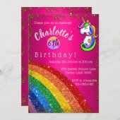 レインボーグリッターピンクユニコーンバースデーパーティー 招待状 (正面/裏面)