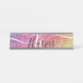 レインボーグリッターモノグラム名 デスクネームプレート