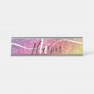 レインボーグリッターモノグラム名 デスクネームプレート