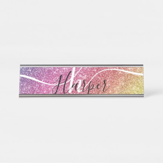 レインボーグリッターモノグラム名 デスクネームプレート (正面)