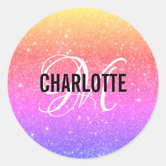 レインボーグリッターモノグラム名 ラウンドシール (正面)