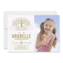 レインボーグリッターユニコーンフォト誕生日招待状