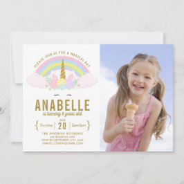 レインボーグリッターユニコーンフォト誕生日招待状 招待状