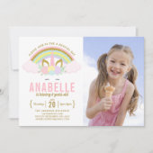 レインボーグリッターユニコーンフォト誕生日招待状 招待状 (正面)