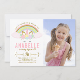 レインボーグリッターユニコーンフォト誕生日招待状 招待状