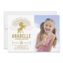 レインボーグリッターユニコーンフォト誕生日招待状