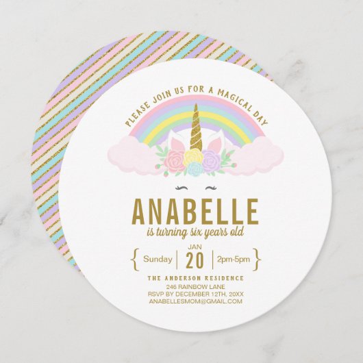 レインボーグリッターユニコーン誕生日パーティーの招待 招待状 (正面/裏面)
