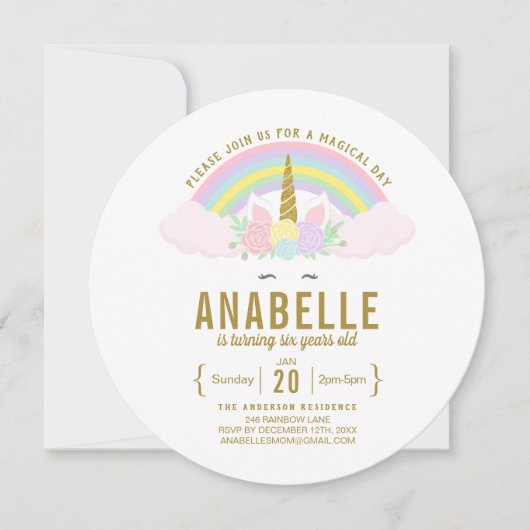 レインボーグリッターユニコーン誕生日パーティーの招待 招待状 (正面)