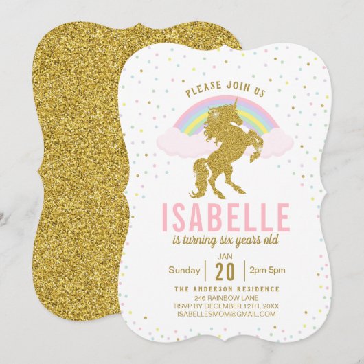 レインボーグリッターユニコーン誕生日パーティーの招待 招待状 (正面/裏面)