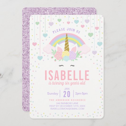 レインボーグリッターユニコーン誕生日パーティーの招待 招待状 (正面/裏面)