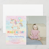 レインボーグリッターユニコーン誕生日招待状 招待状 (正面/裏面)