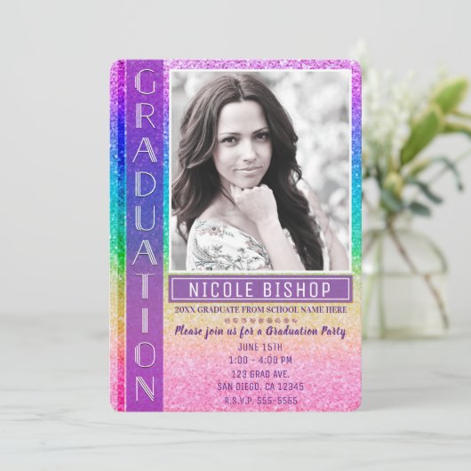 レインボーグリッター卒業パーティー卒業写真 招待状 (スタンド正面)