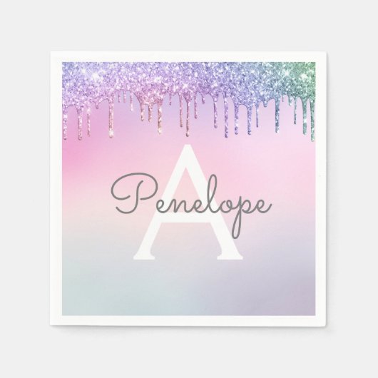 レインボーグリッター滴下グラームとモノグラム スタンダードカクテルナプキン (正面)