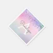 レインボーグリッター滴下グラームとモノグラム スタンダードカクテルナプキン (角)