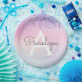 レインボーグリッター滴下グラームとモノグラム ペーパープレート (パーティー)