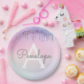 レインボーグリッター滴下グラームとモノグラム ペーパープレート (パーティー)