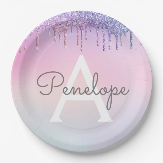 レインボーグリッター滴下グラームとモノグラム ペーパープレート (正面)