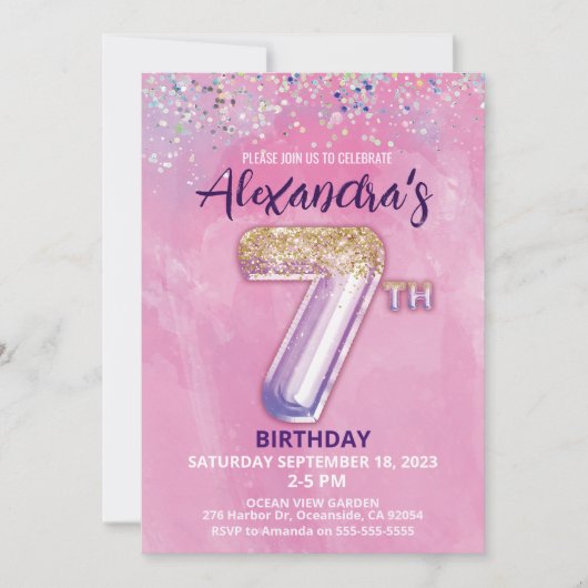 レインボーグリッター7th誕生日ガールパーティの招待状 招待状 (正面)