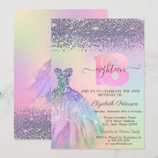 レインボーグリッター ドレス ダイヤモンド 18歳の誕生日 招待状 (正面/裏面)