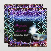 レインボーグロウマスカレードマスク誕生日パーティー 招待状 (正面/裏面)