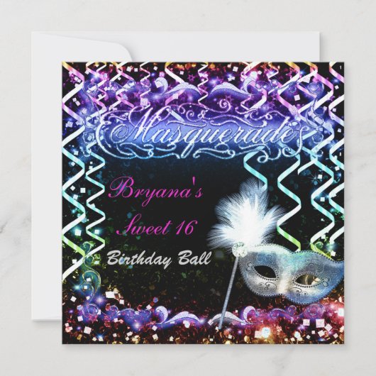 レインボーグロウマスカレードマスク誕生日パーティー 招待状 (正面)