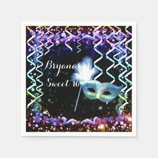 レインボーグローマスカレードマスク誕生日パーティー スタンダードカクテルナプキン (正面)
