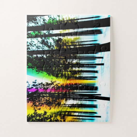 レインボーグロー付きブラックシルエットフォレ子供へスト ジグソーパズル (縦)