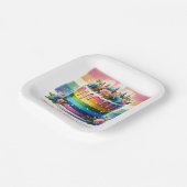 レインボーケーキハッピーバースデーパーティー パーソナライズされた ペーパープレート (傾斜あり)