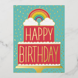 レインボーケーキハッピーバースデー金ゴールド 箔シーズンポストカード