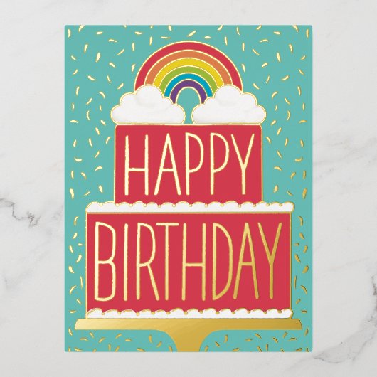 レインボーケーキハッピーバースデー金ゴールド 箔シーズンポストカード (正面)