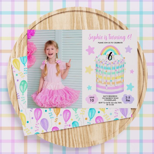 レインボーケーキフォトバースデーパーティー招待状for Girls 招待状