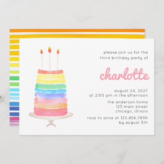 レインボーケーキ子供の誕生日パーティー 招待状 (正面/裏面)