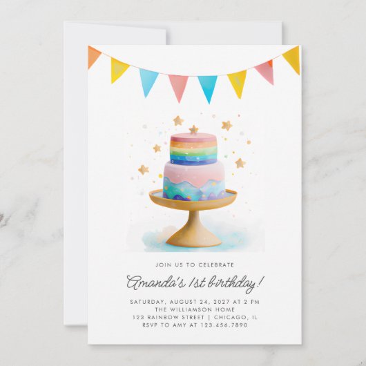 レインボーケーキ&スターズファースト誕生日パーティー 招待状 (正面)