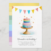 レインボーケーキ&スターズファースト誕生日パーティー 招待状 (正面/裏面)