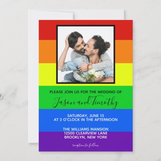 レインボーゲイプライドカップルストライプの写真結婚ズ 招待状 (正面)