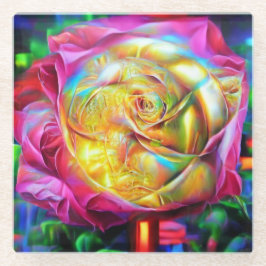 レインボーサイケデリックバラ ガラスコースター