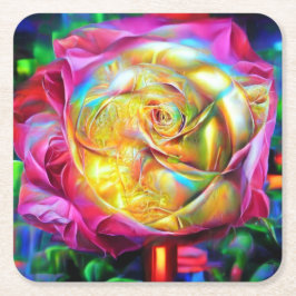 レインボーサイケデリックバラ スクエアペーパーコースター