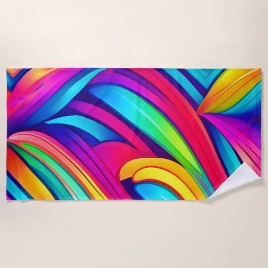 レインボーサイケデリック渦 ビーチタオル (正面)