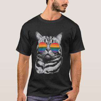 レインボーサングラスの猫 LGBTQプライド Tシャツ