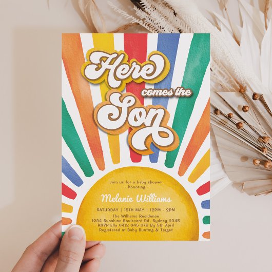 レインボーサンシャインベビーシャワー来ここの息子 招待状