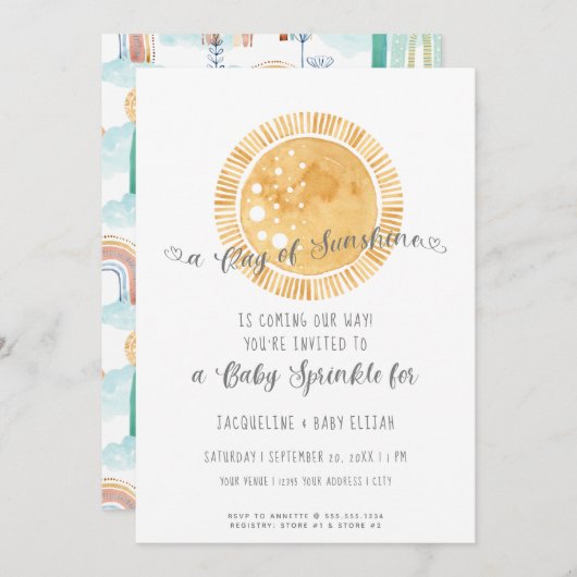 レインボーサンシャモダンインウォーターカラーベビースプリンクル 招待状 (正面/裏面)