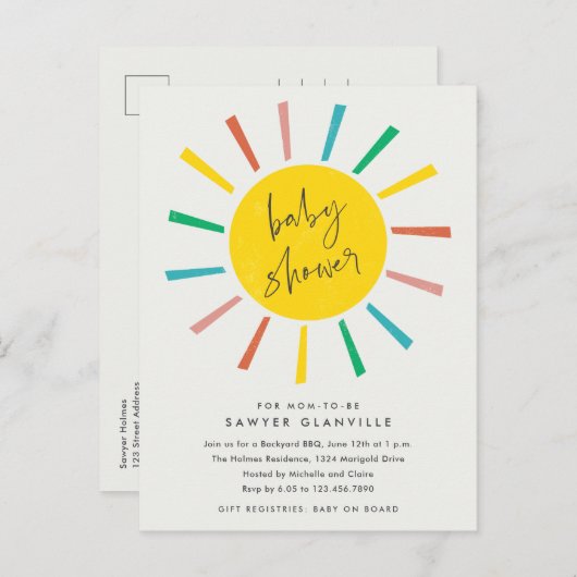 レインボーサンスクリプモダント赤ちゃんシャワー インビテーションポストカード (正面/裏面)