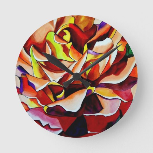 レインボーサンセットバラ水彩オリジナルアート ラウンド壁時計 (正面)