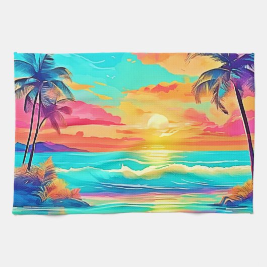 レインボーサンセットビーチ キッチンタオル (横)