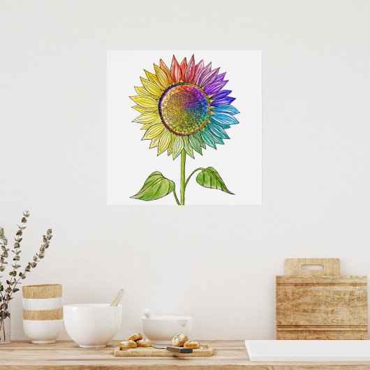 レインボーサンフラワーアートカラフル夏かわいいフローラ ポスター (キッチン)