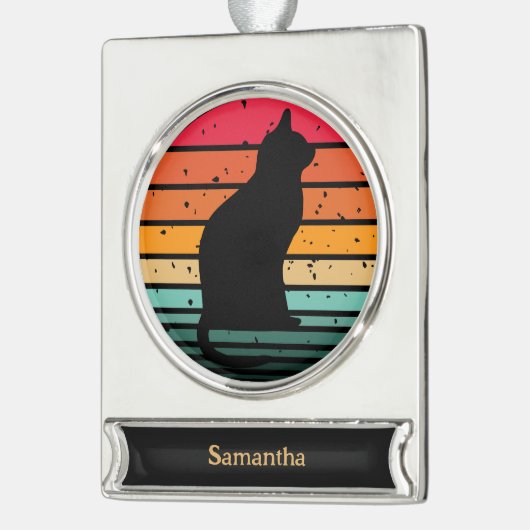 レインボーサークルのクリスマスに登場する黒猫シルエット シルバープレートバナーオーナメント (左)