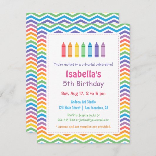 レインボーシェブロンクレイヨンズアーツ子供の誕生日パーティー 招待状 (正面/裏面)