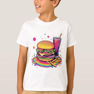 レインボージャンクフードのハンバーガーとフライドポテト Tシャツ