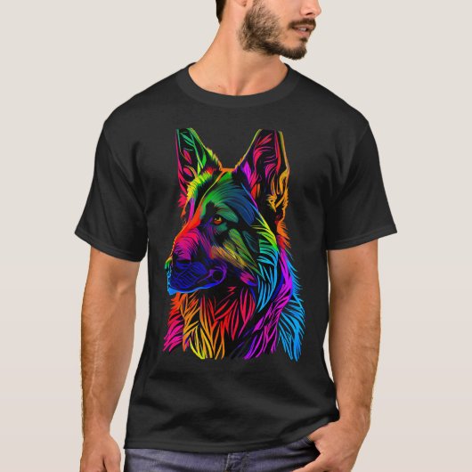 レインボージャーマンシェパード デザイナー Tシャツ (正面)